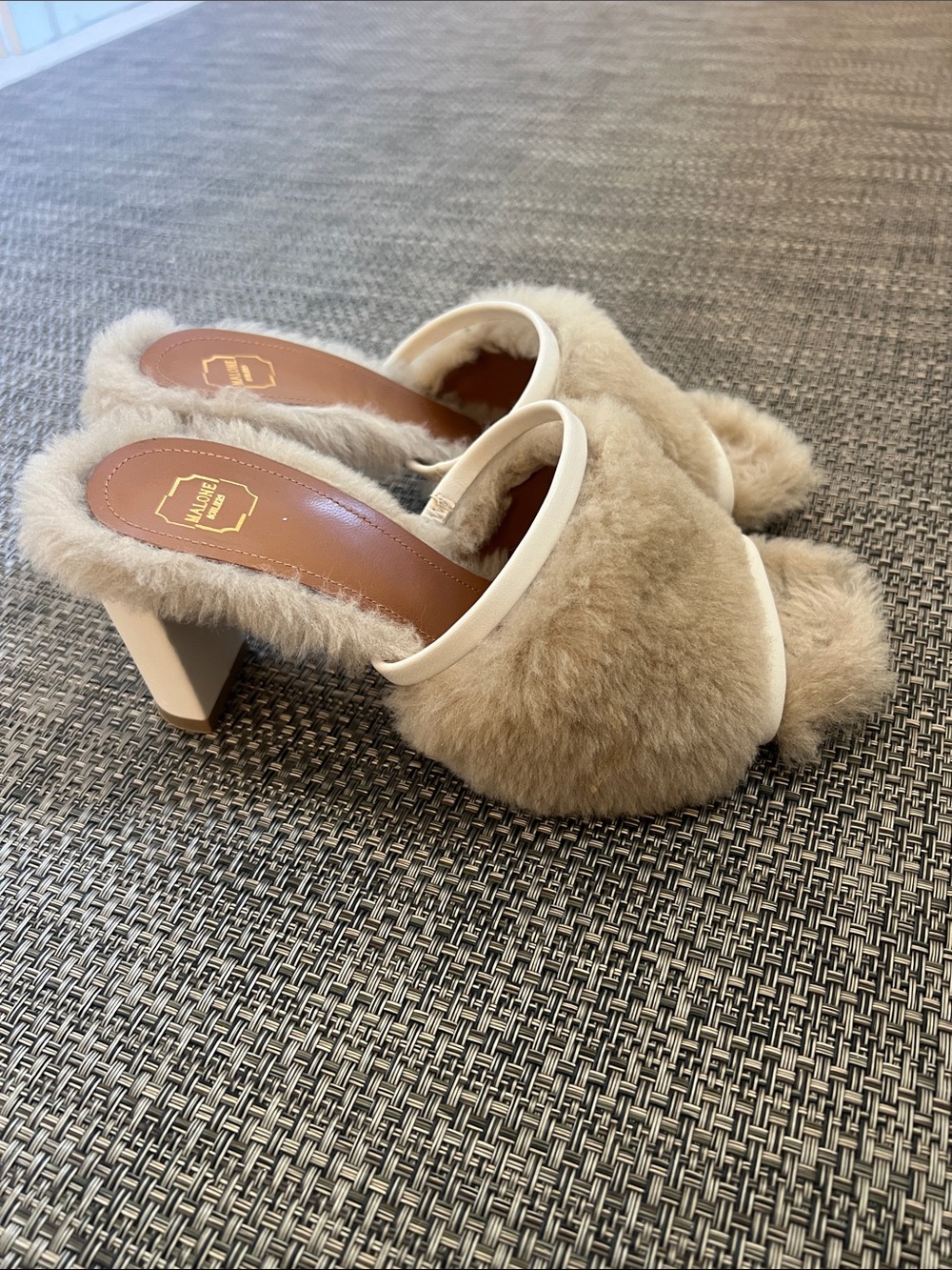 Malone Souliers Beige Faux Fur Slide Heels